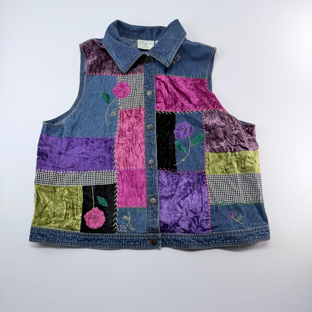 Susan Bristol Casuals Vintage Patchwork Denim Vest Floral Velvet Embroidered 2W